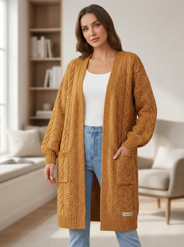Women's Cable Knit Open-Front Intricate Cable-Knit Pattern Throughout Long Cardigan
