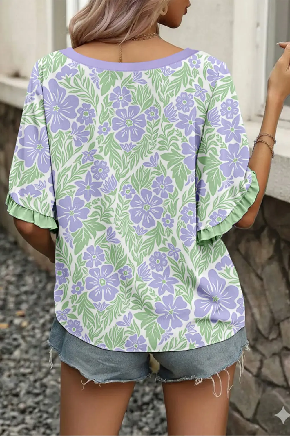 Floral Ruffle Trim Half Sleeve Blouse