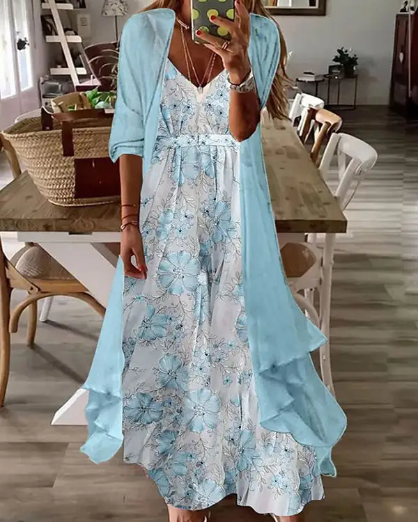 Two-piece Half-sleeve Printed Pleated Casual Sexy Dress004