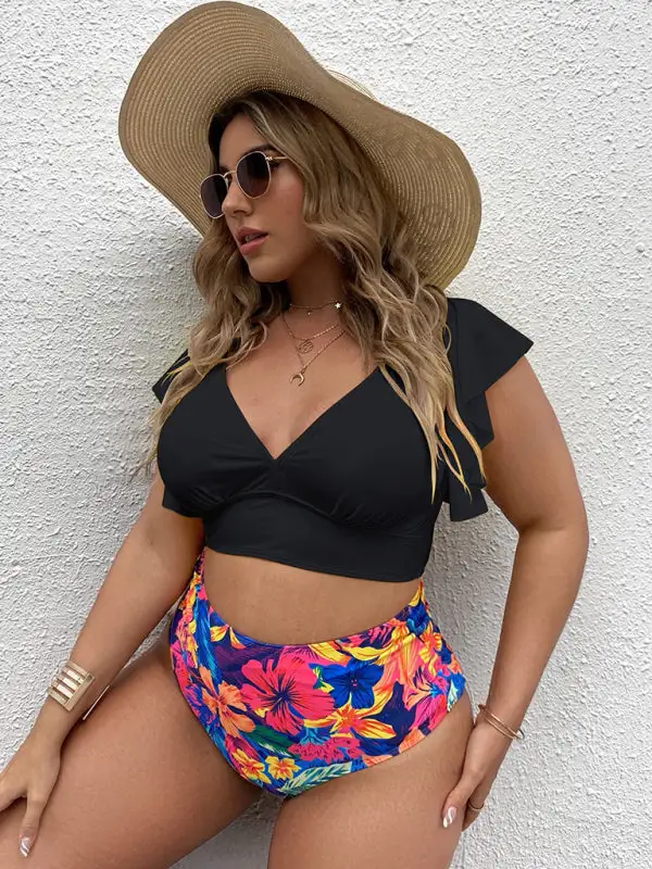 Plus Size Falbala V Neck Bikini Swim Set