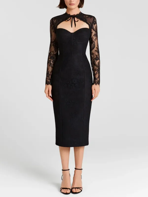 Elegant Lace Long Sleeved Fitted Midi Dress