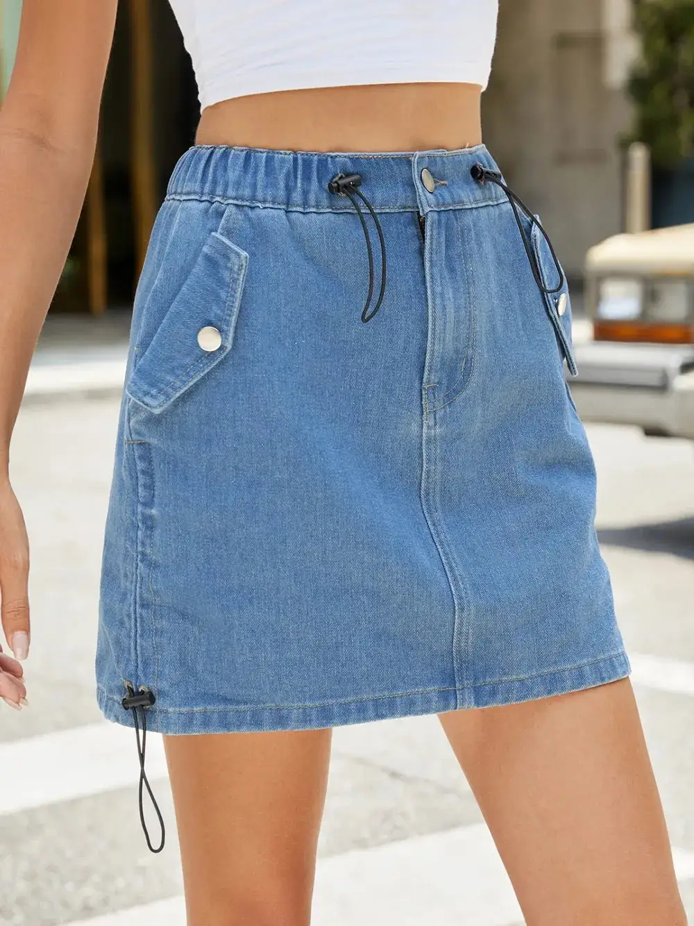 Drawstring Denim Skirt With Pockets