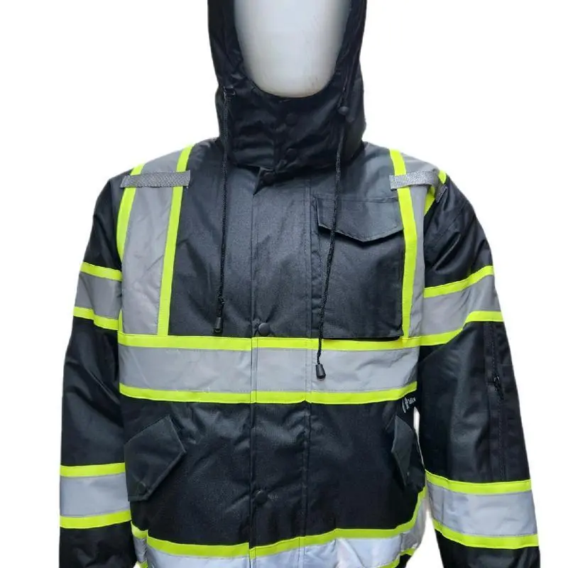 High Visibility Water Resistant Bomber Safety Jacket with Hoodie / Reflective Safety Sherpa Insulated Jacket