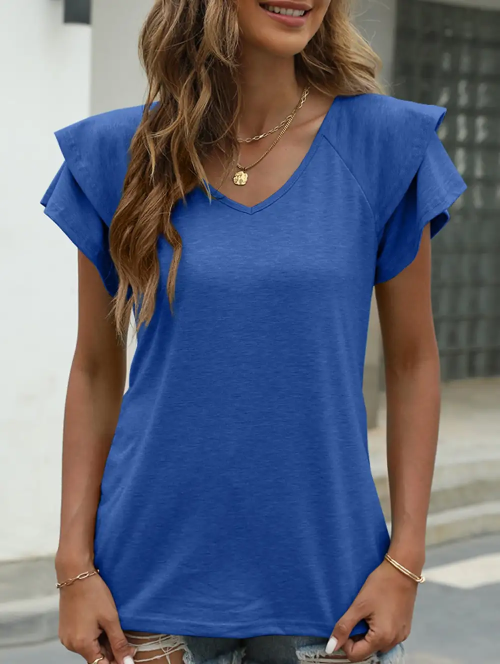 Solid Color V-Neck Ruffle Sleeve T-Shirt
