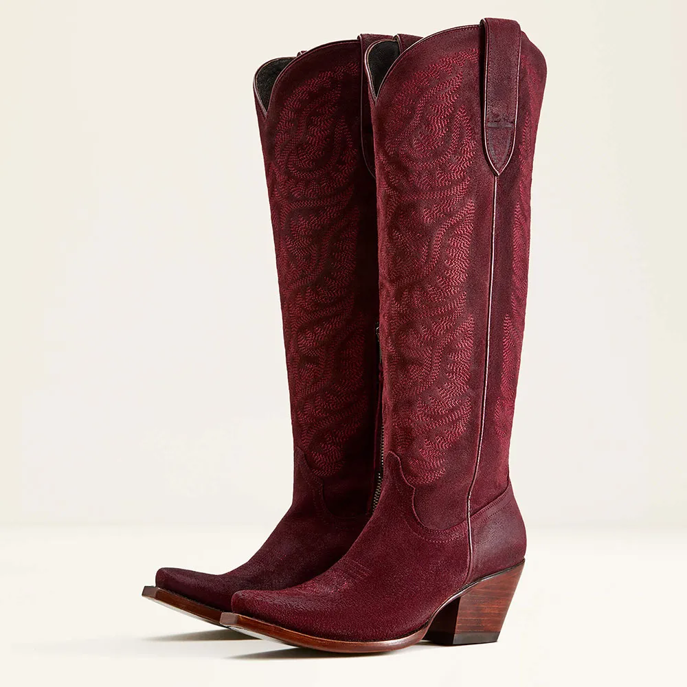 Faux-Suede Embroidered Side-Zip Zip-Up Knee-High Boots