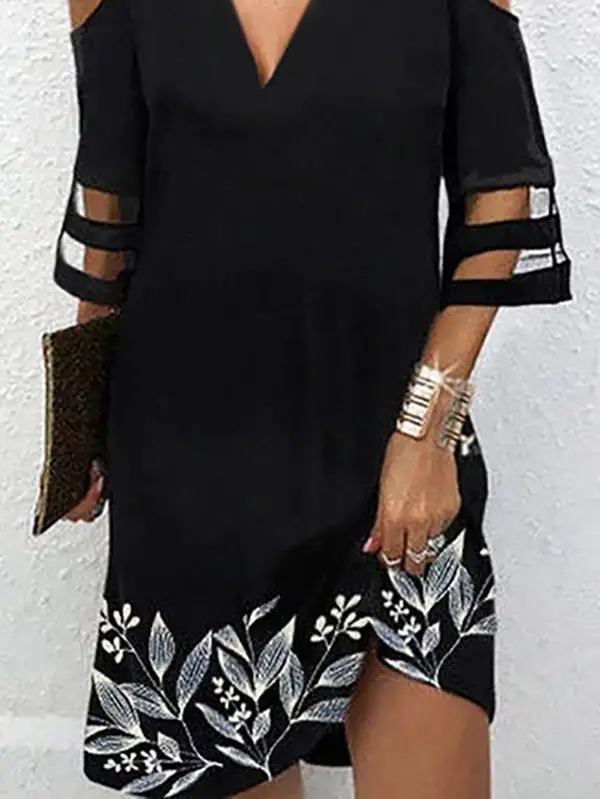 Half Sleeve Relaxed Hollow Leaves Print Mesh Split Joint Cold Shoulder