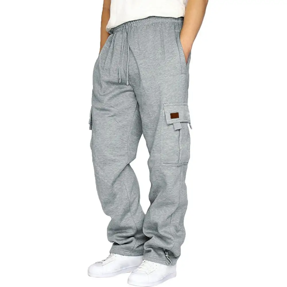 Men's Tapered Sweat Cargo Pants with Elastic Waistband Drawstring and Flap Pockets