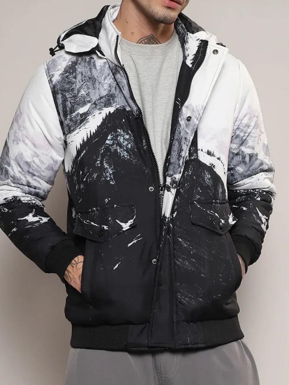 Mountain Print Hooded Puffer Jacket