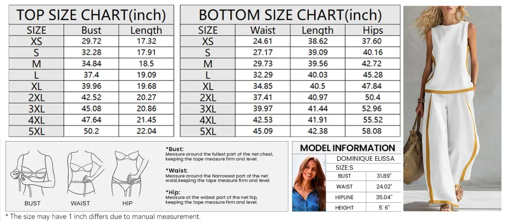 Linen Blend 2-Piece Set for Women Sleeveless Color Block Top Wide Leg Pants Set