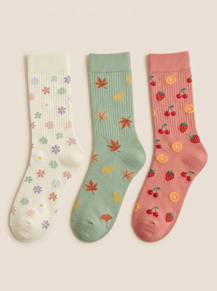 Floral Leaf Pattern Three Pair Sock Set