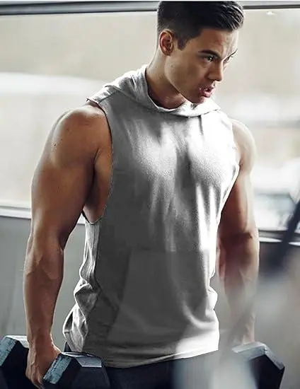 🔥Last Day 49% Off-Men's Solid Kangaroo Pocket Hooded Sports Vest Loose Fit Sleeveless Fitness Hoodie for Summer Gym Workout Running Fathers Day Gift Training Shirt Modern Sportswear