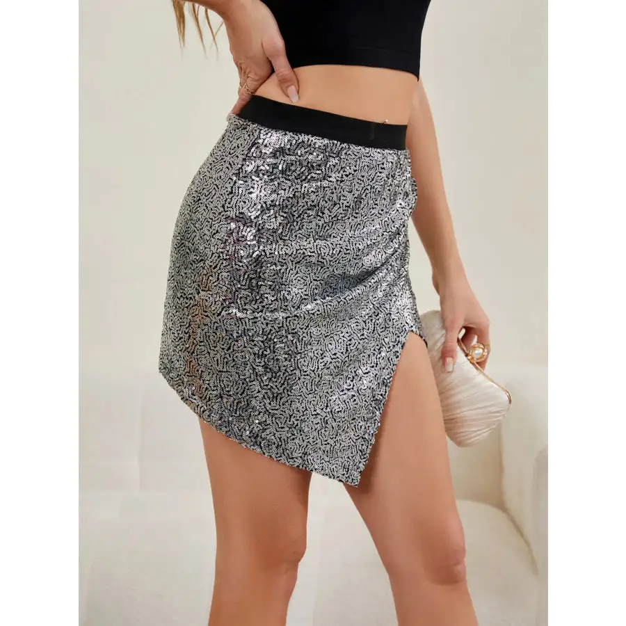 Asymmetrical Slit Sequin Skirt