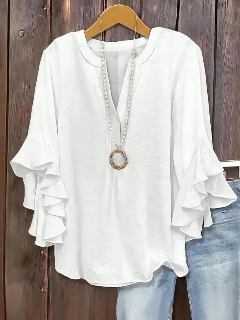 Plus-Size Women's Slim-Fit Shirt With Ruffled Sleeves And V-Neck