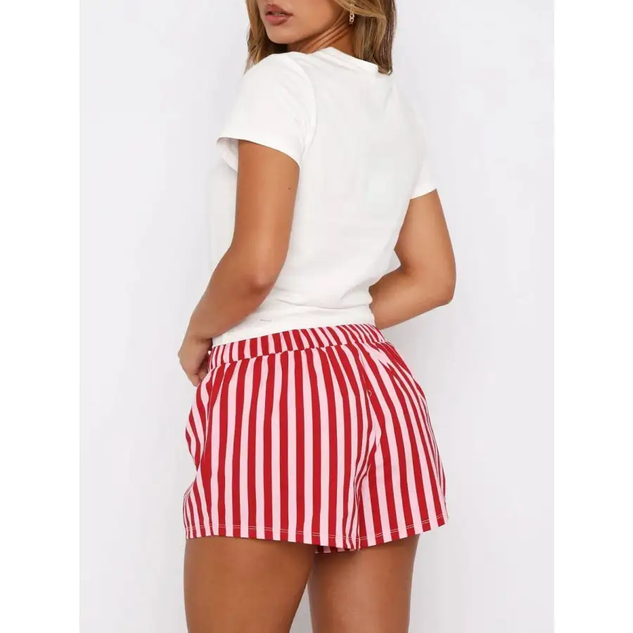 Printed Round Neck Short Sleeve Top and Drawstring Shorts Set