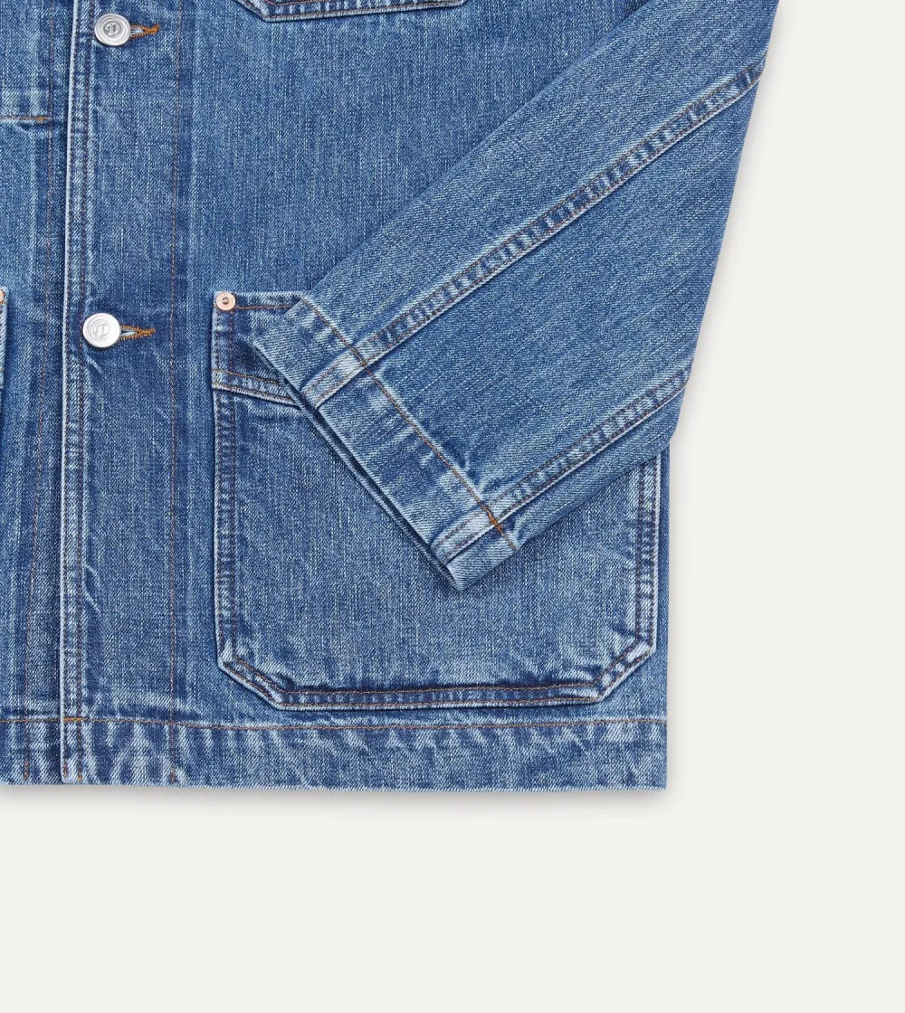 Casual Style Bleach Wash Selvedge Denim Five-Pocket Chore Jacket