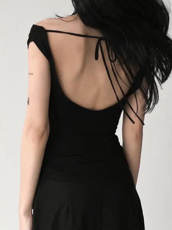 Slim Fit Sleeveless Backless Panel Detail Tied Off The Shoulder T-Shirt