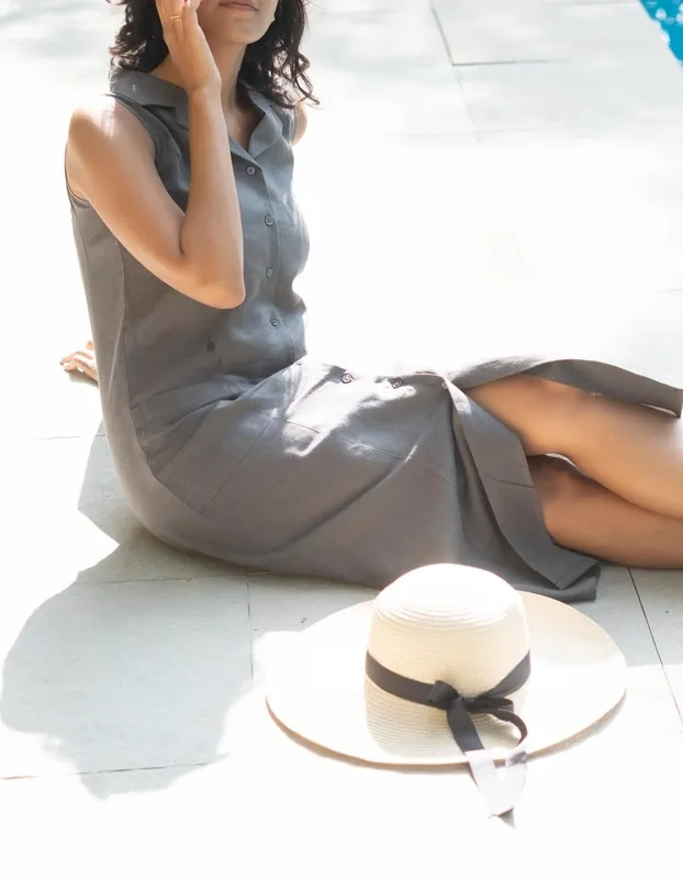 Slate Gray Linen Notch-Collar Dress