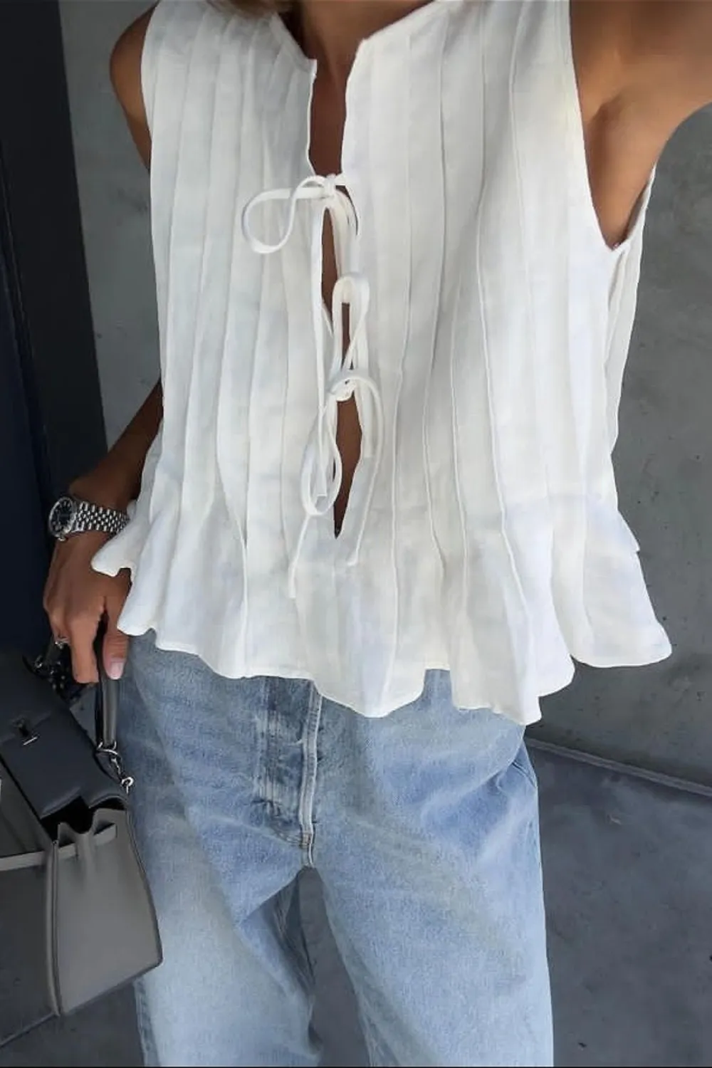 Layered Linen Blend Cotton Blend Ruffle Blouse
