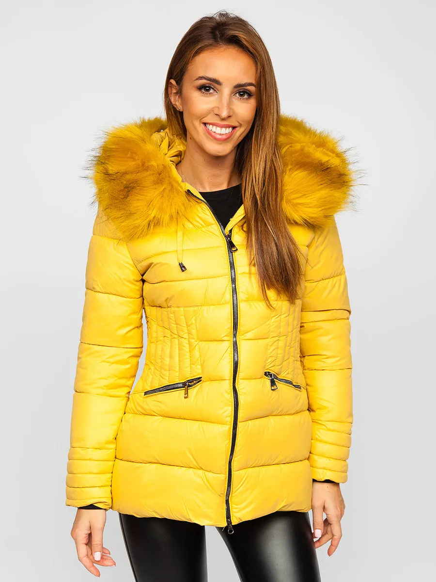 Women's yellow quilted winter jacket with hood