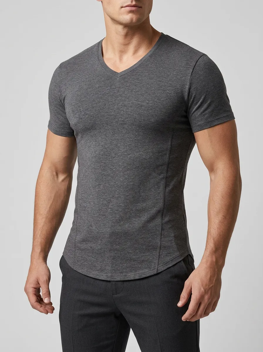 Streamlined Curved Hem V-Neck Refined Look Men's Slim Fit Short Sleeve T-Shirt
