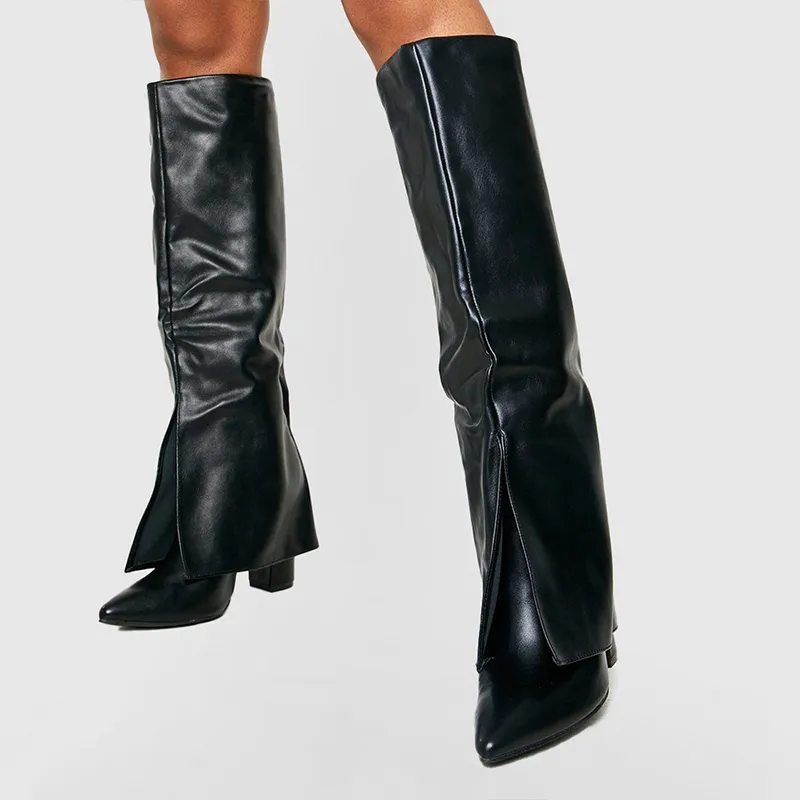 Pointed-Toe Chunky-Heel Platform Knee-High Boots