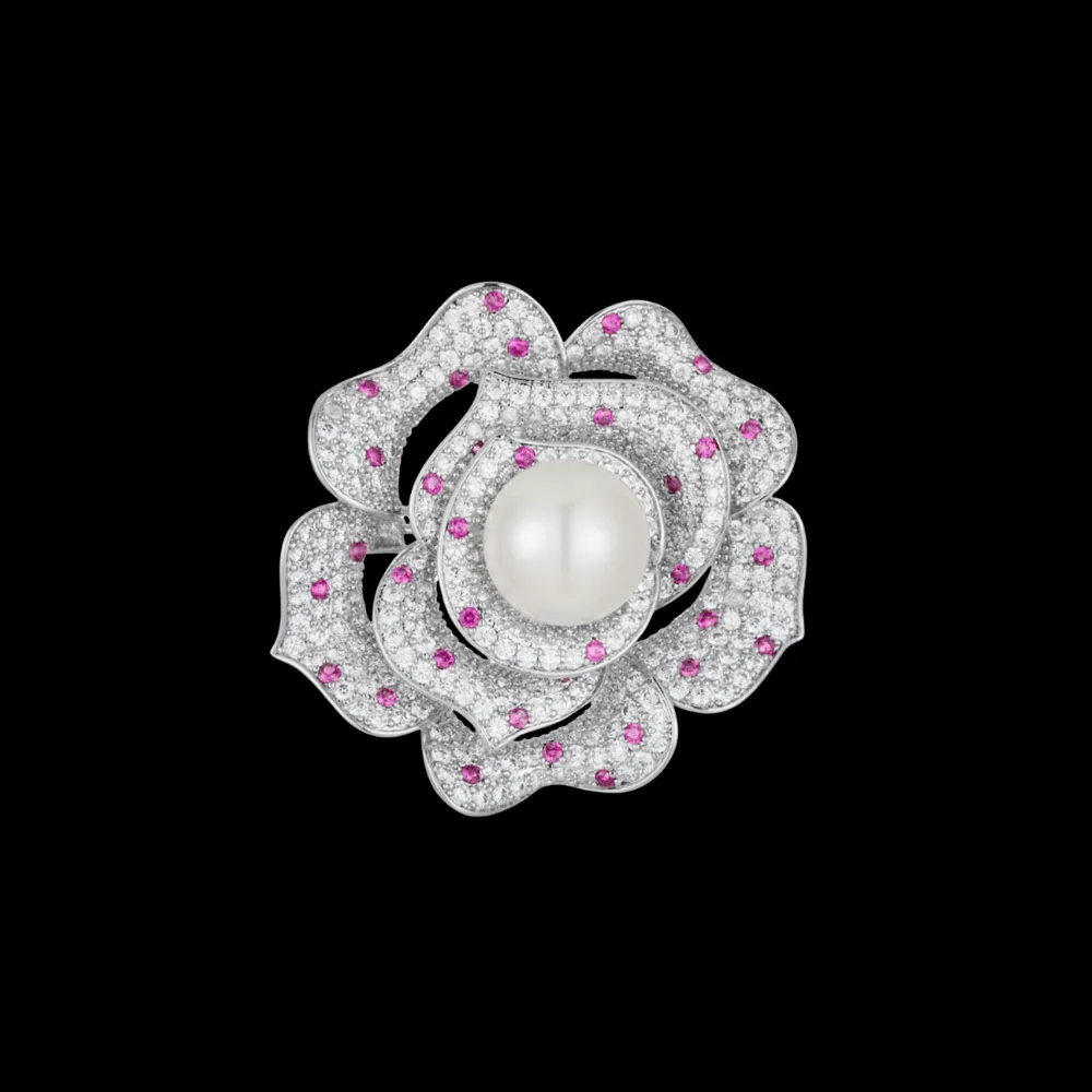 Crystal Camellia Pearl Brooch