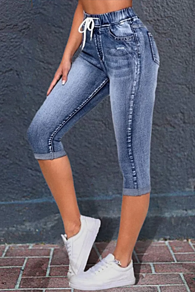 Ripped Drawstring Waist Capris Jeans