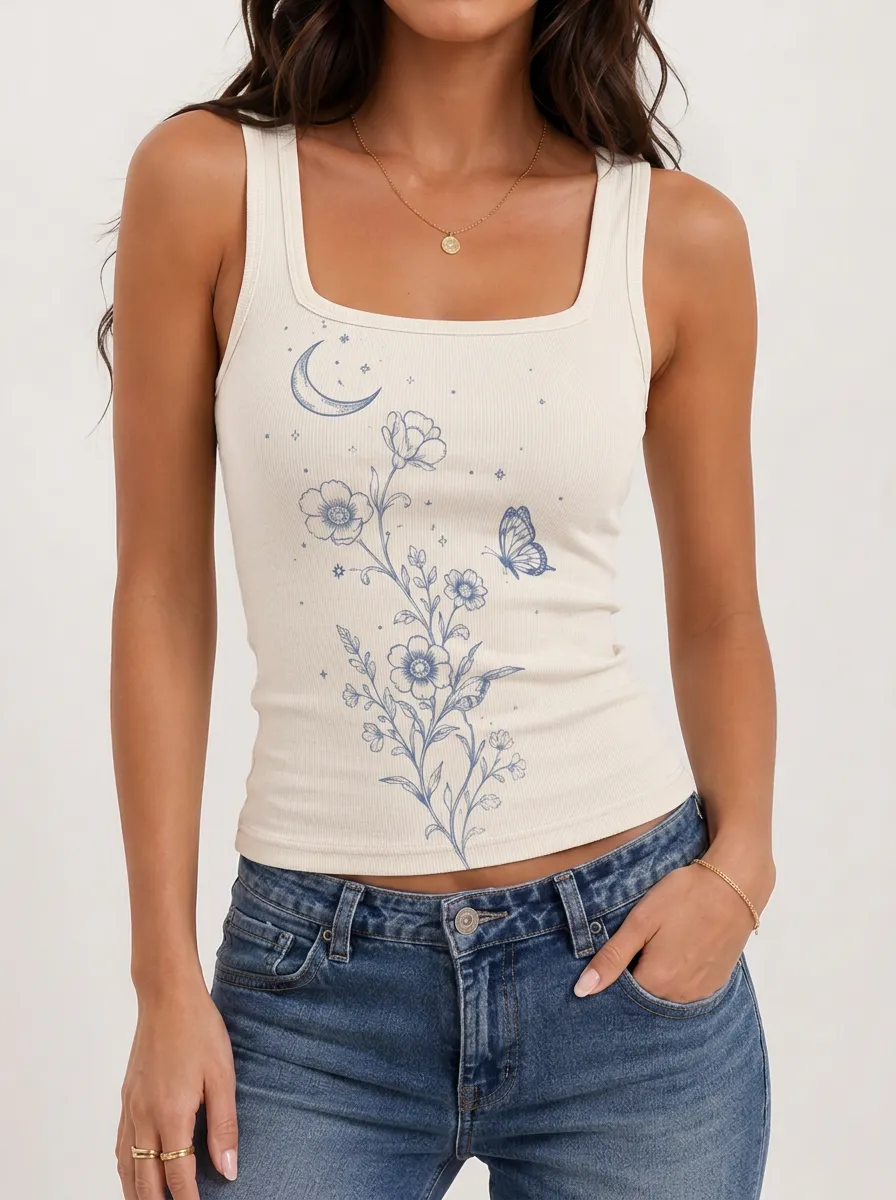 Women's Floral Butterfly Square Neck Ribbed Tank