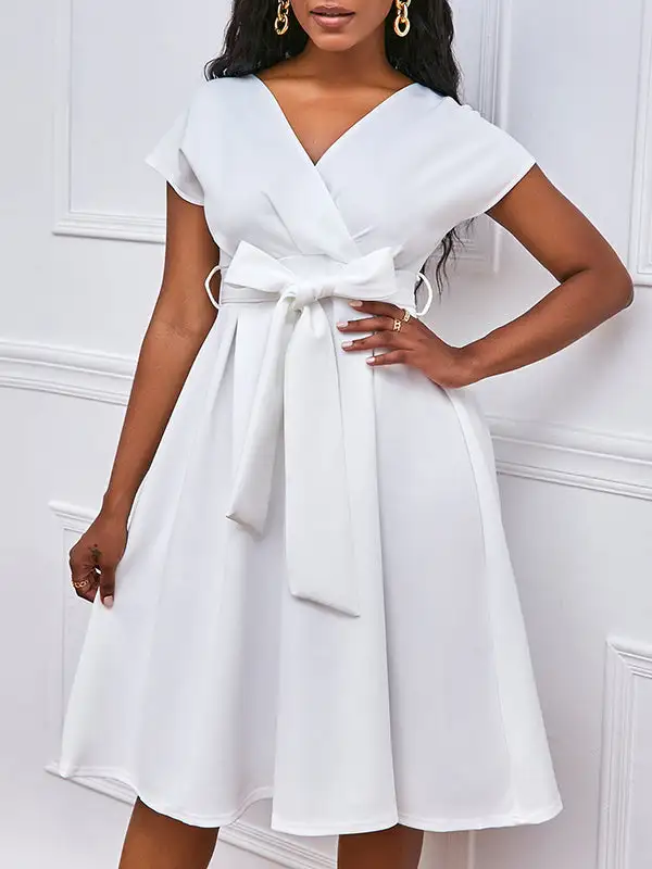 Bowknot Lace Up Solid Color V Neck Midi Dress