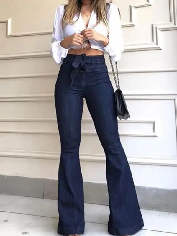 Minimal High Waist Relaxed Fit Flared Tie Waist Jeans