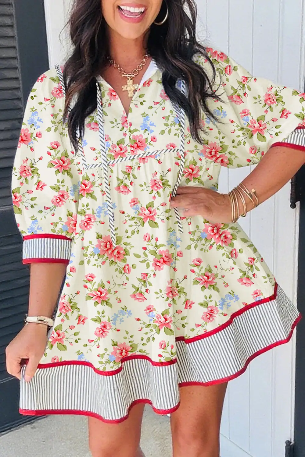Relaxed Shape Floral Striped Puff Sleeve Dress