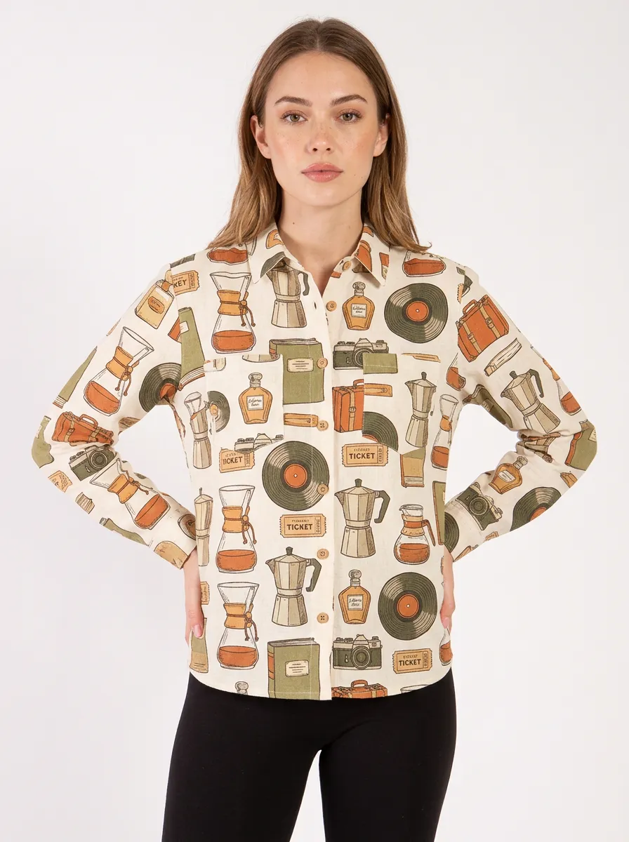Women's Vintage Hobby Coffee Vinyl Camera Printed Shirt