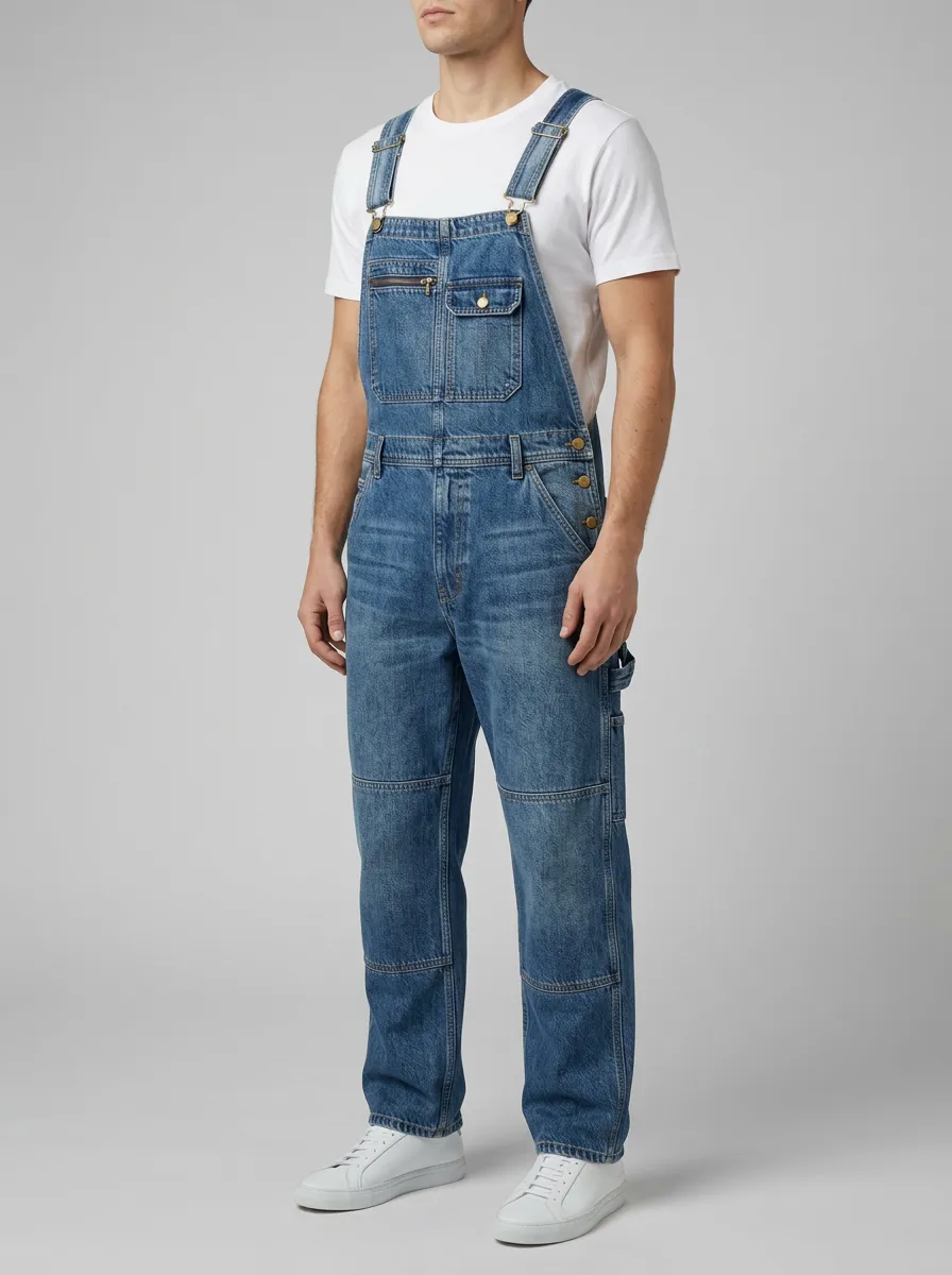 Men's Vintage Style Blue Denim Multi-Pocket Bib Overalls
