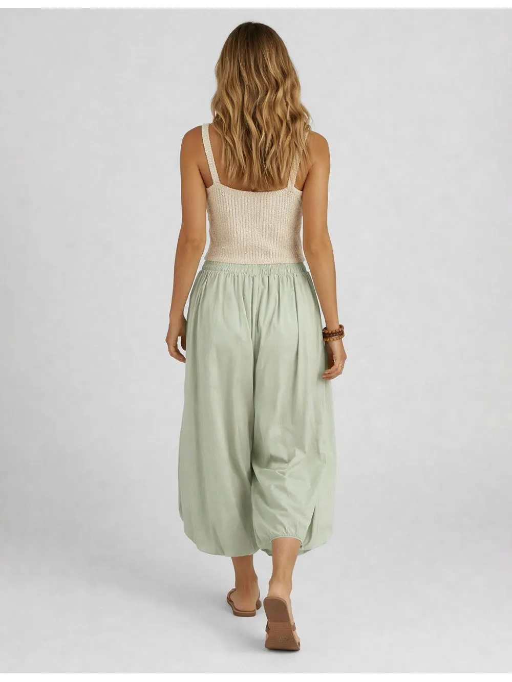 Solid Color Elastic Waist Drawstring Lantern Pants