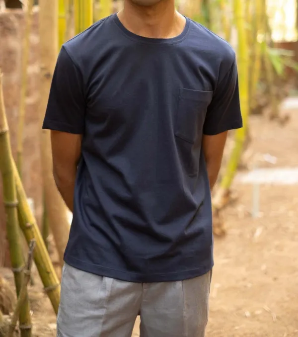 Deep Blue Cotton Pocket Crew Neck T-Shirt