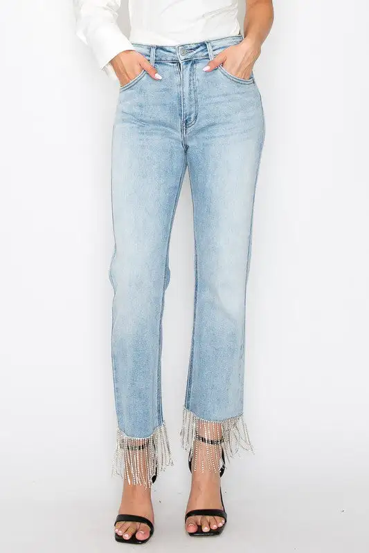 High Rise Straight Leg Embellished Denim Jeans