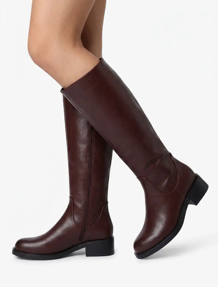 Refined Block Heel Faux Leather Flat Sole Knee High Boots