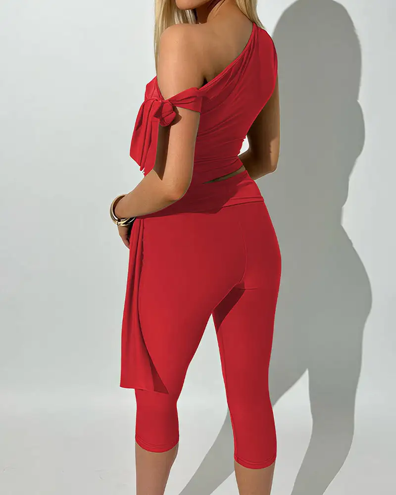 Asymmetrical Drape Top and Capri Leggings Two-Piece Set