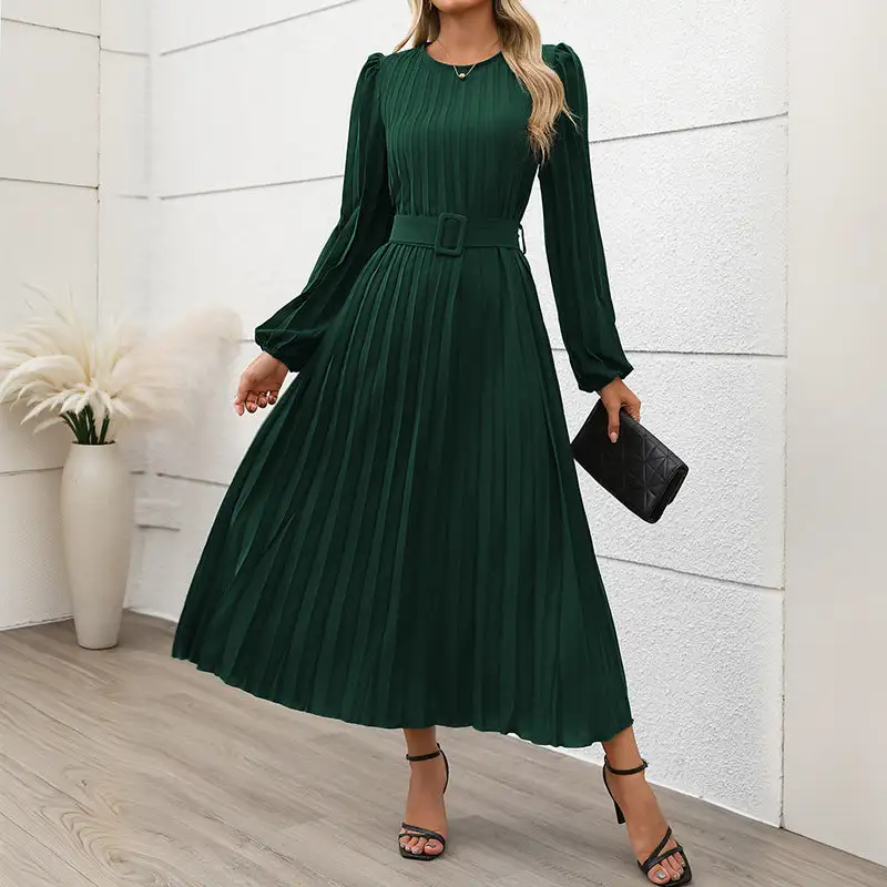 Women's Long-Sleeve Pleated Midi Dress