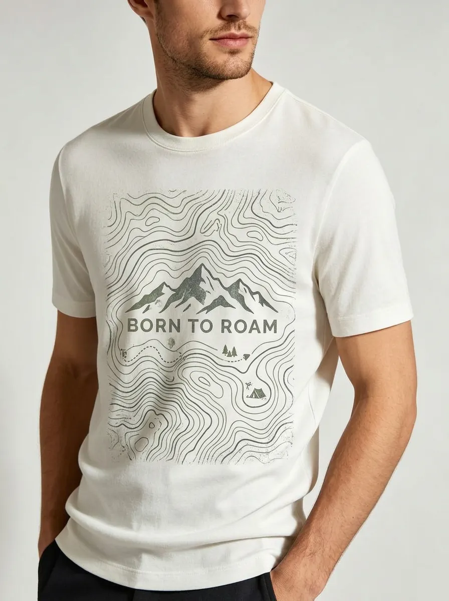 Men's Hiking Lover Born To Roam Mountain Topographic Printed T-shirt