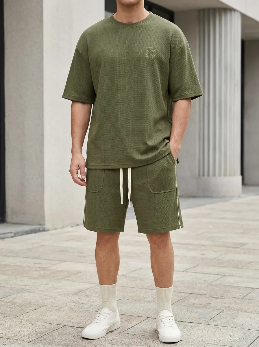 Classic Waffle Texture Embroidered Detail Edit Men's T-Shirt And Shorts Set