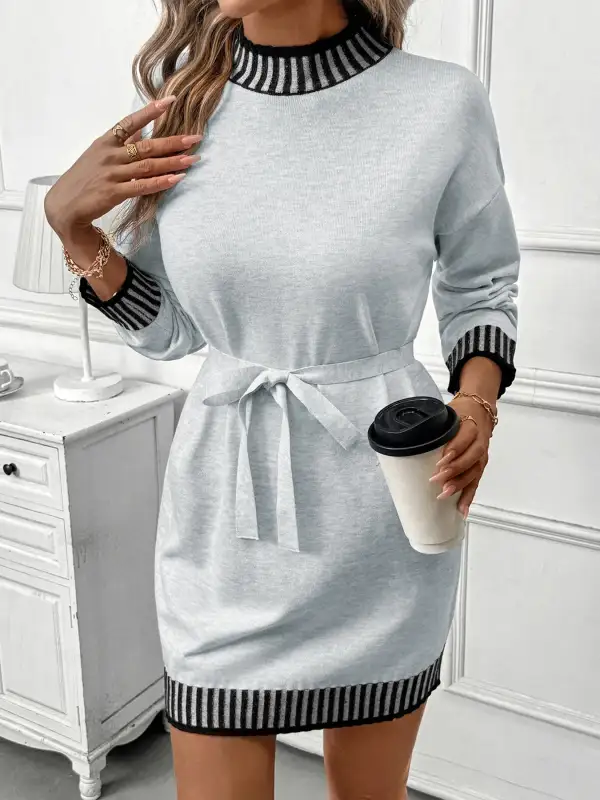 Striped Tie Waist Sweater Dress