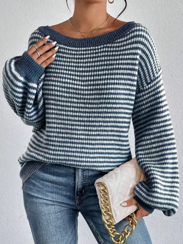 Striped Paneled Off Shoulder Long Sleeve Relaxed Fit Pullover Sweater