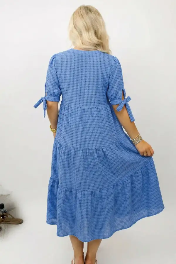 Gingham Short Sleeve Tiered Tie Waist Bow Tie Everyday Midi Dress