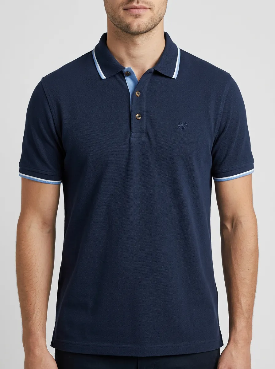 Men's Knit Ribbed Textured Tipped-Collar Compass-Emblem Embroidered Polo Shirt