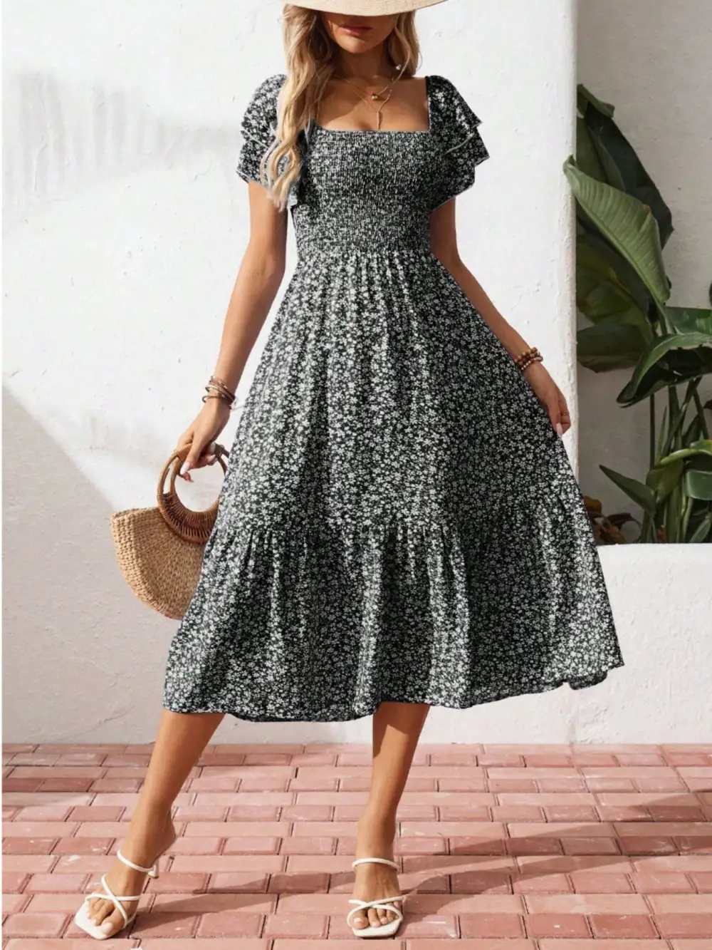 Gathered Detail Floral Printed Ruffle Dress