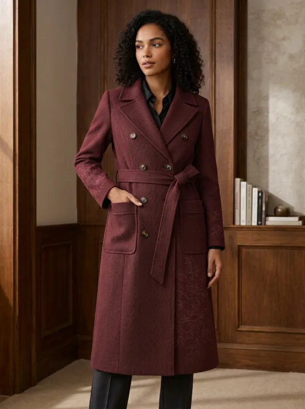 Women's Floral Embroidery Green Herringbone Printed Coat