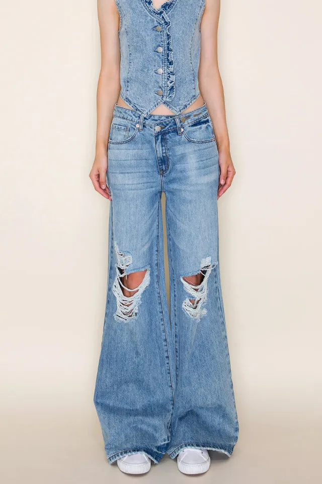 Women's High Rise Crossover Relaxed Wide Leg Rigid Denim Jeans