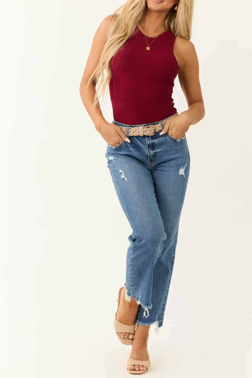 Maroon Ribbed Knit Fitted Sleeveless Top
