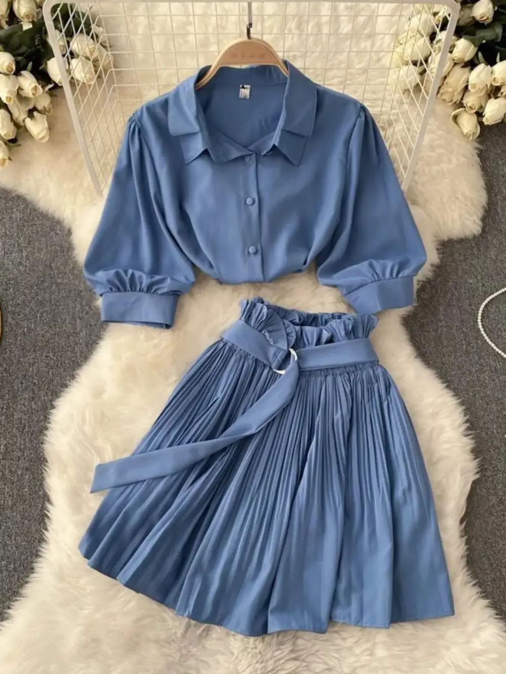 Puff Sleeve Pleated Coordinated Set